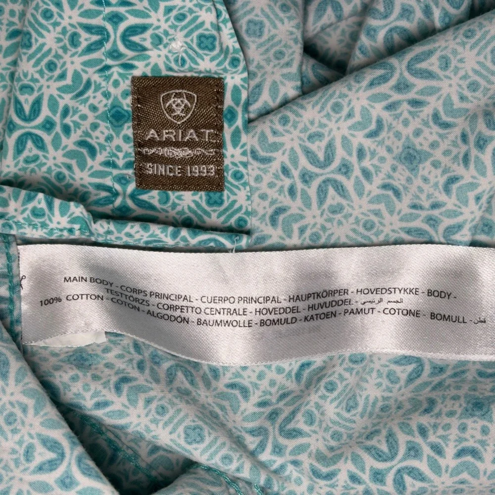 Ariat Mens XXL Turquoise White Geometric Medallion Cotton Short Sleeve Shirt - Picture 7 of 10
